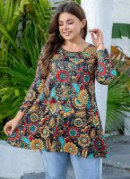 Womens Tunic Tops 3/4 Sleeve Plus Size Crew Neck Swing Flare Loose Fit T-Shirt Blouses to Wear with Leggings