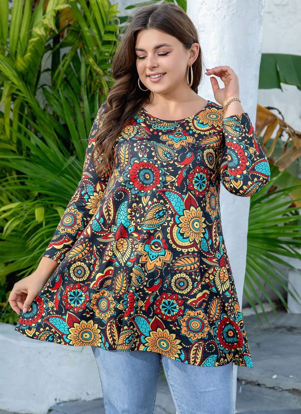 Womens Tunic Tops 3/4 Sleeve Plus Size Crew Neck Swing Flare Loose Fit T-Shirt Blouses to Wear with Leggings