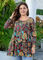 Womens Tunic Tops 3/4 Sleeve Plus Size Crew Neck Swing Flare Loose Fit T-Shirt Blouses to Wear with Leggings