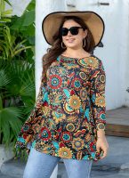 Womens Tunic Tops 3/4 Sleeve Plus Size Crew Neck Swing Flare Loose Fit T-Shirt Blouses to Wear with Leggings