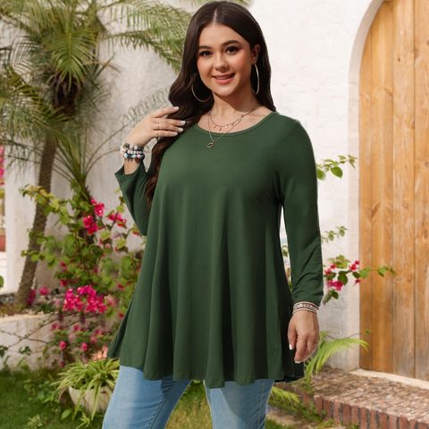 Womens Tunic Tops 3/4 Sleeve Plus Size Crew Neck Swing Flare Loose Fit T-Shirt Blouses to Wear with Leggings