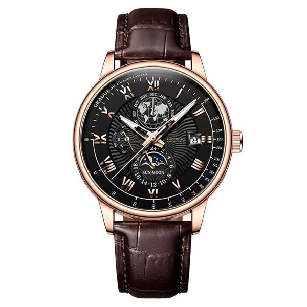 New fashion hot explosive three-eye calendar star moon fashion men's watches men's watches (Black face with rose gold shell)