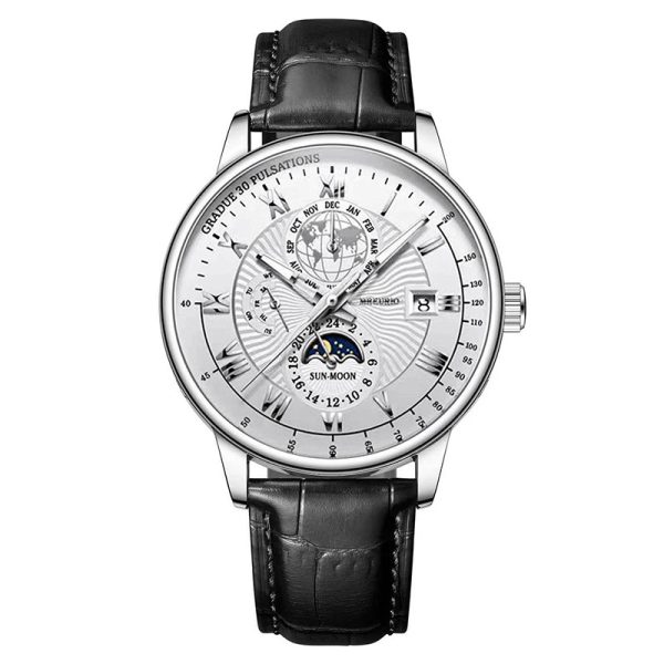 New fashion hot explosive three-eye calendar star moon fashion men's watches men's watches (white face, silver shell)